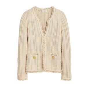 J.Crew Textured Cable-Knit Wool-Blend Lady Jacket With Fringe Bone Cream Medium